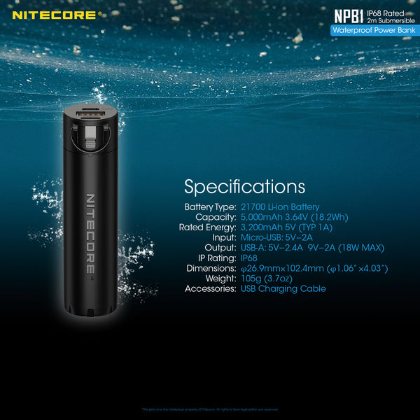 Nitecore NPB1 5000mAh QC3.0 Output IP68 Rated Waterproof Power Bank Authentic